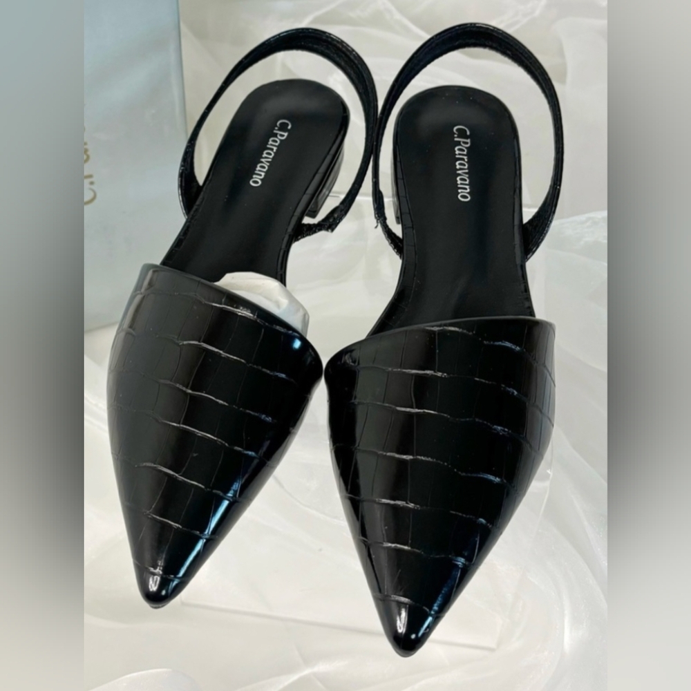 NWOB C. Paravano Black Croc Pointed Slingback Flats – Size 40 (US 9.5)